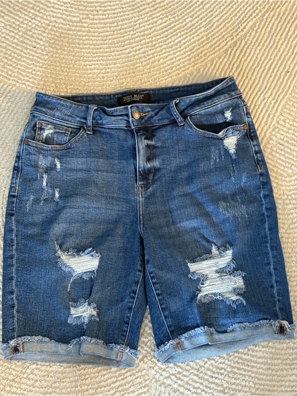 Judy Blue Medium Blue Distressed Denim Bermuda Shorts